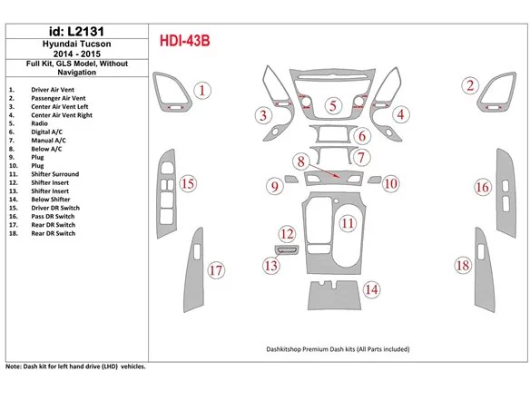 Hyundai Tucson 2014-2015 Full Set, c NAVI, Limited Model Interior BD Dash Trim Kit - 1 - Interior Dash Trim Kit