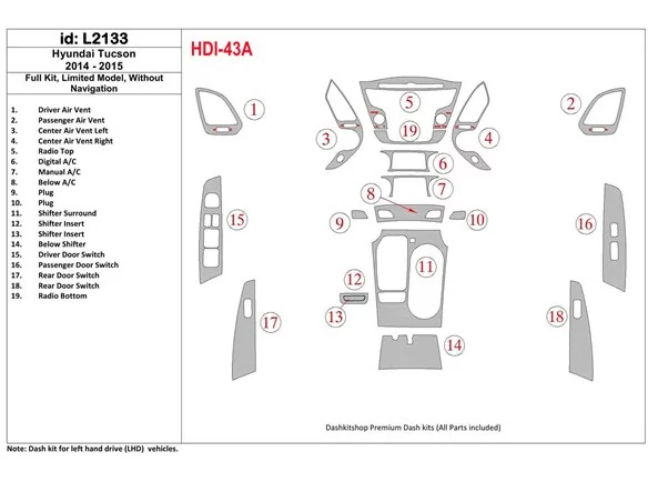 Hyundai Tucson 2014-2015 Full Set, Without NAVI, GLS Model Interior BD Dash Trim Kit - 1 - Interior Dash Trim Kit