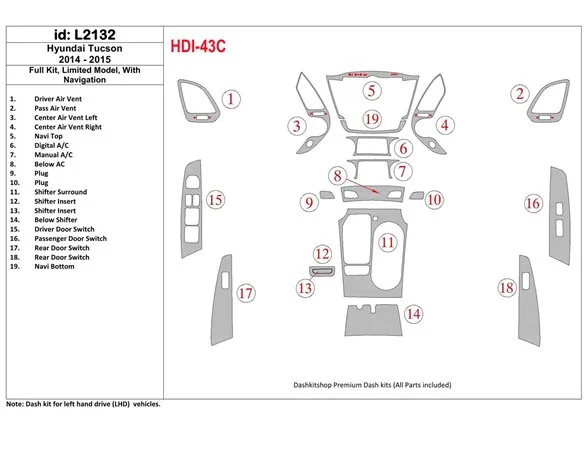 Hyundai Tucson 2014-2015 Full Set, Without NAVI, Limited Model Interior BD Dash Trim Kit - 1 - Interior Dash Trim Kit