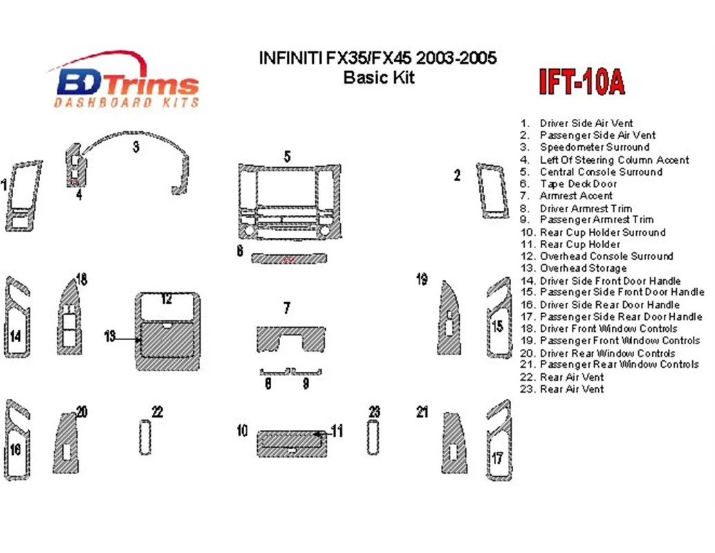 Infiniti FX 2003-2005 Full Set Interior BD Dash Trim Kit - 1 - Interior Dash Trim Kit