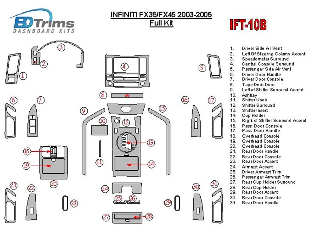 Infiniti FX 2003-2005 Full Set Interior BD Dash Trim Kit - 1 - Interior Dash Trim Kit