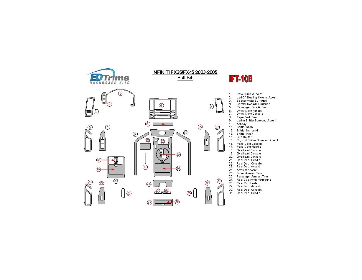 Infiniti FX 2003-2005 Full Set Interior BD Dash Trim Kit - 1 - Interior Dash Trim Kit