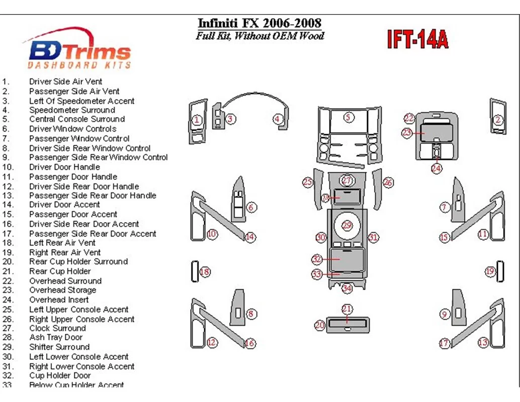 Infiniti FX 2006-2008 Without Fabric Wood Kit Interior BD Dash Trim Kit - 1 - Interior Dash Trim Kit