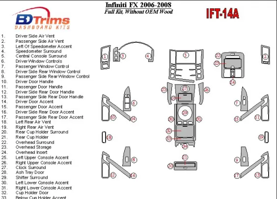 Infiniti FX 2006-2008 Without Fabric Wood Kit Interior BD Dash Trim Kit - 1 - Interior Dash Trim Kit