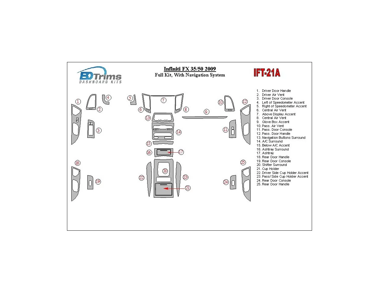 Infiniti FX 2009-2009 Full Set Interior BD Dash Trim Kit - 1 - Interior Dash Trim Kit