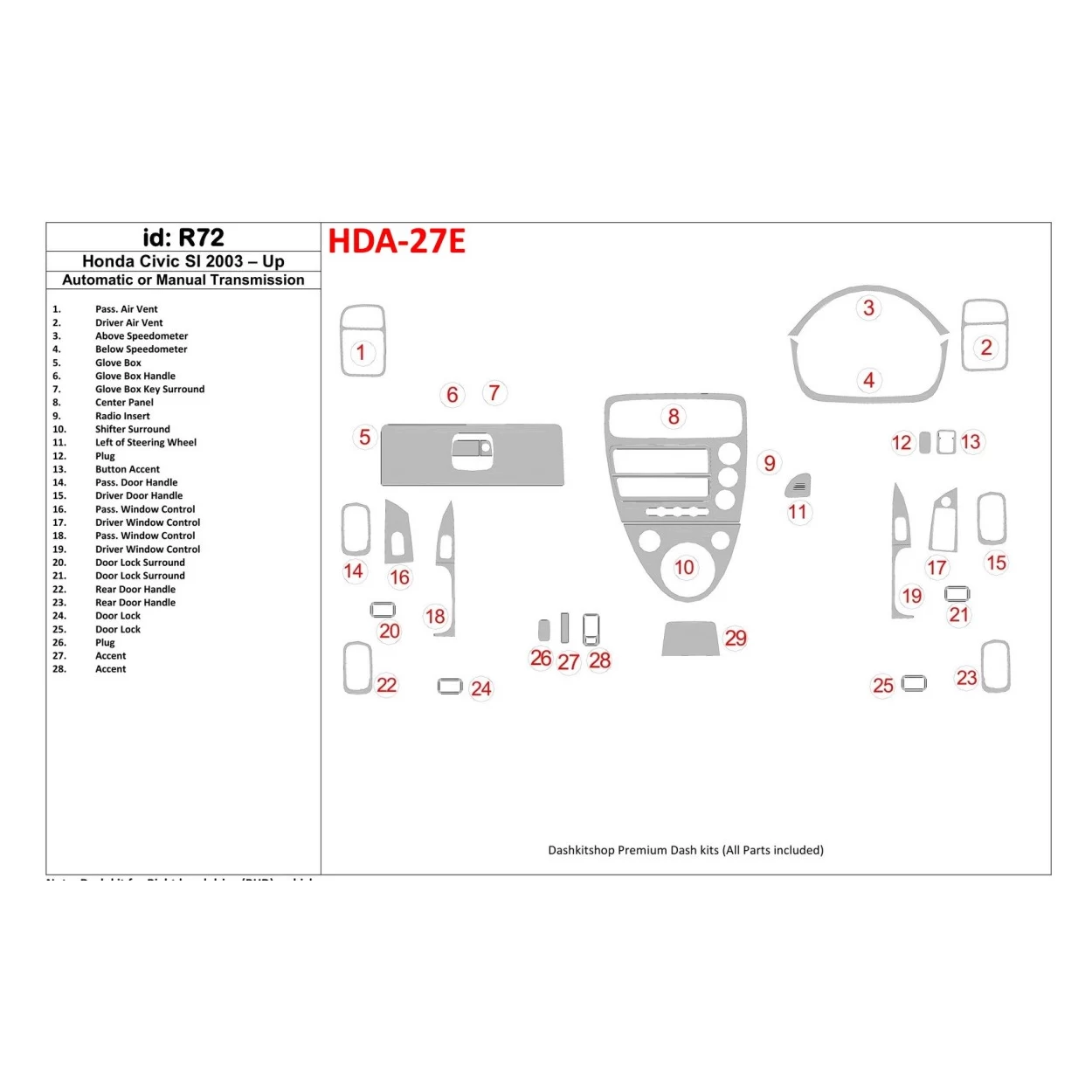 Honda Civic SI 2002-UP SI Model Interior BD Dash Trim Kit