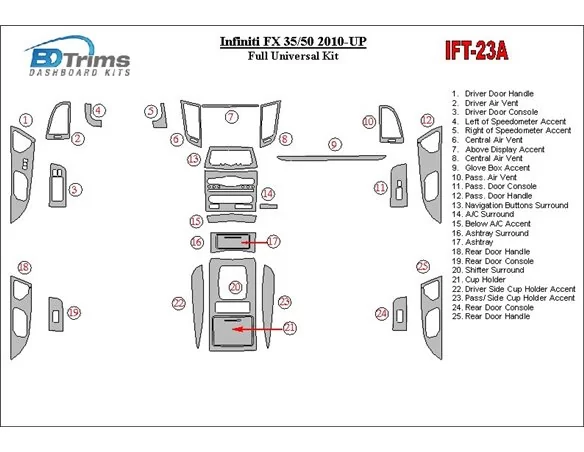 Infiniti FX 2010-UP Full Universal Set Interior BD Dash Trim Kit - 1 - Interior Dash Trim Kit
