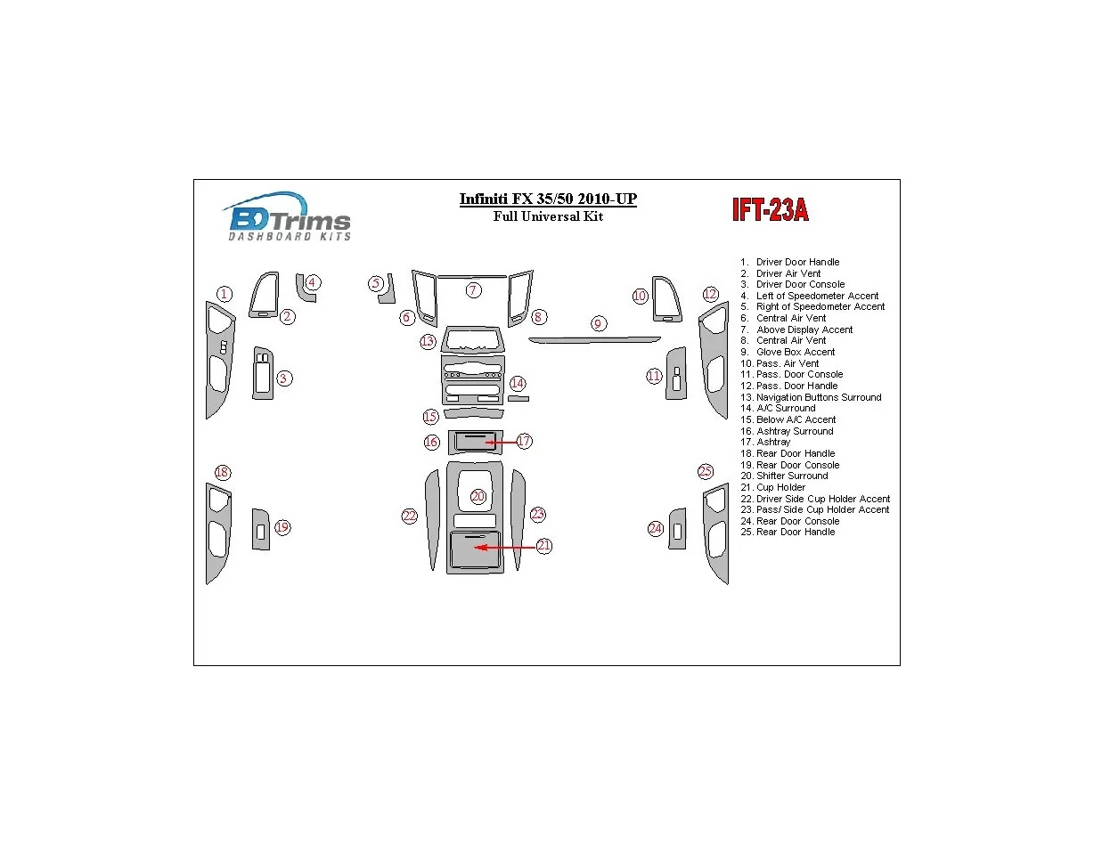 Infiniti FX 2010-UP Full Universal Set Interior BD Dash Trim Kit - 1 - Interior Dash Trim Kit