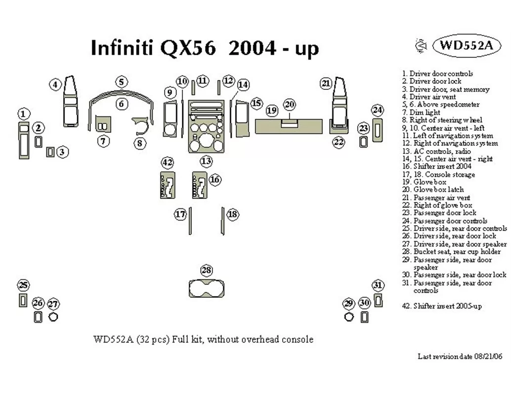 Infiniti QX56 2004-2007 Full Set Interior BD Dash Trim Kit - 1 - Interior Dash Trim Kit
