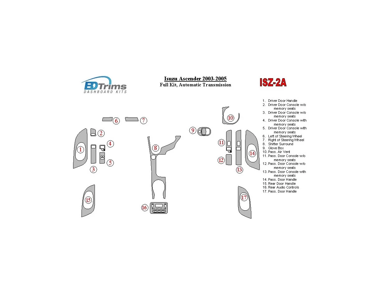 Isuzu Ascender 2003-2005 Full Set, Automatic Gear Interior BD Dash Trim Kit - 1 - Interior Dash Trim Kit