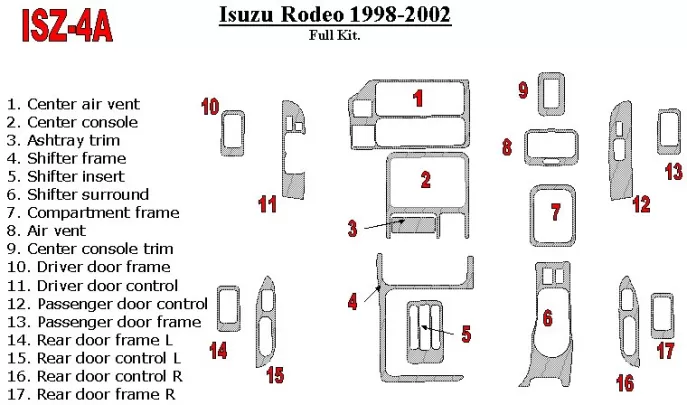 Isuzu Rodeo 1998-2002 Full Set Interior BD Dash Trim Kit - 1 - Interior Dash Trim Kit Isuzu Rodeo 1998-2002 Full Set Interior BD Dash Trim Kit - 1 - Interior Dash Trim Kit
