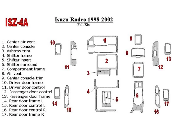 Isuzu Rodeo 1998-2002 Full Set Interior BD Dash Trim Kit - 1 - Interior Dash Trim Kit