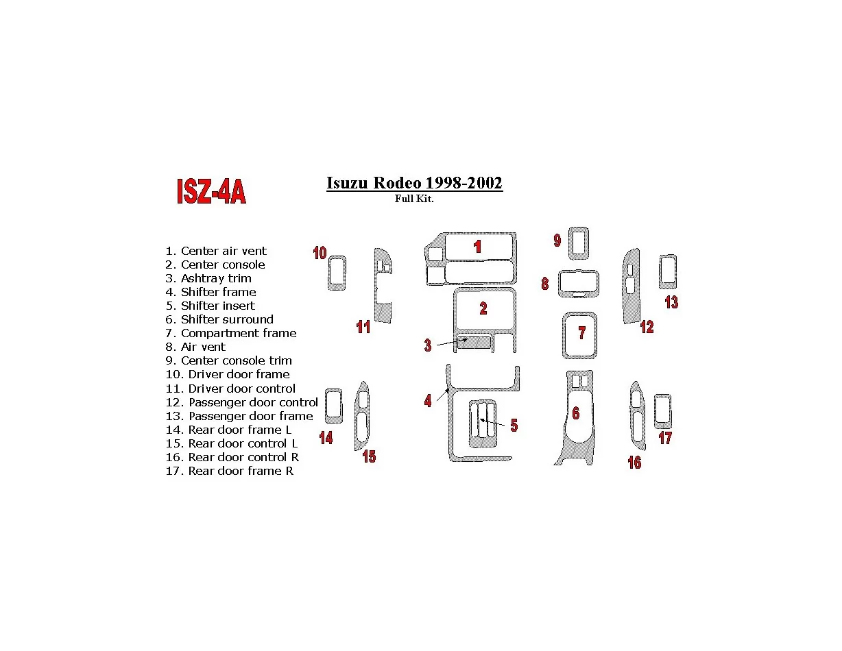 Isuzu Rodeo 1998-2002 Full Set Interior BD Dash Trim Kit - 1 - Interior Dash Trim Kit