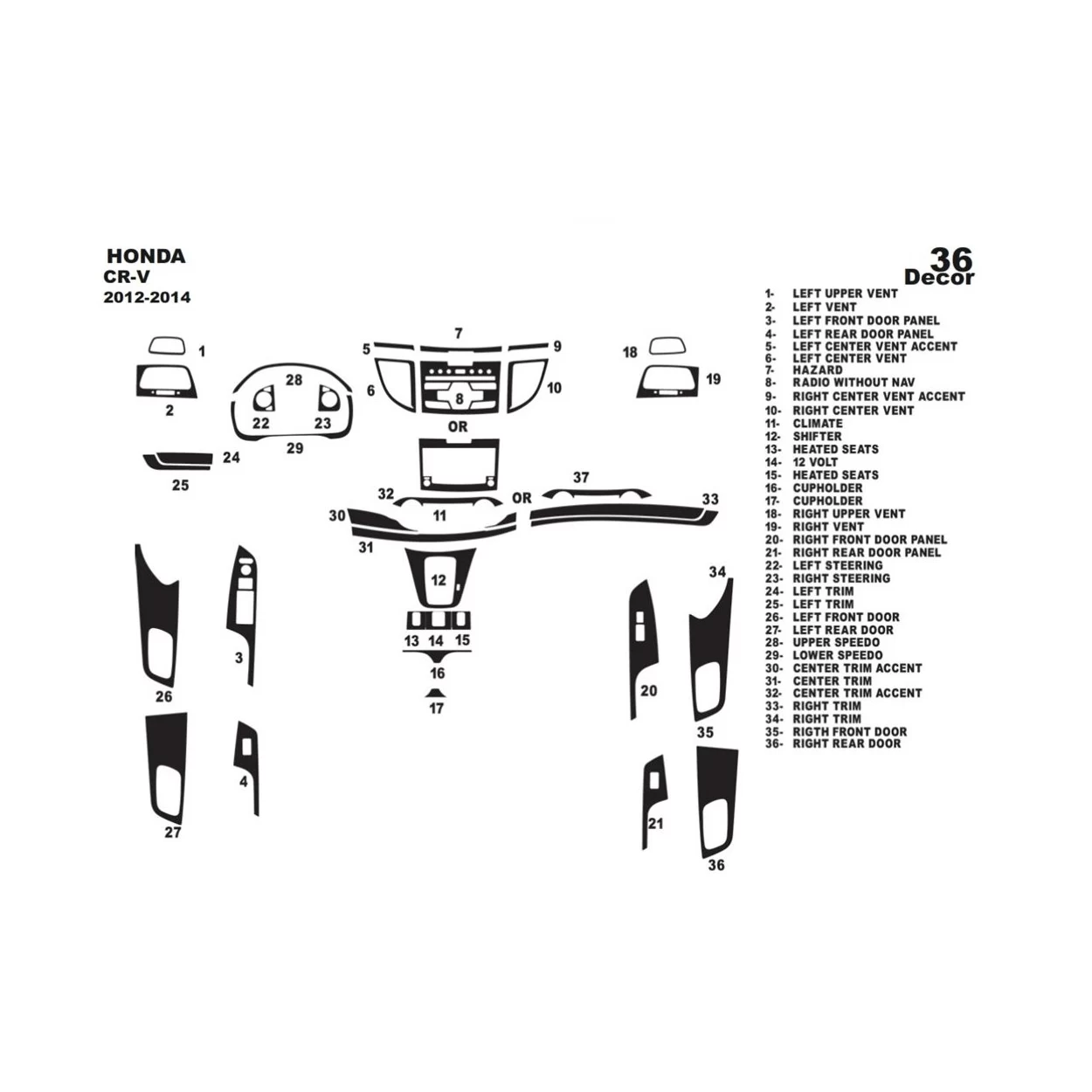 Honda CR-V Mk4 2012-2014 3D Interior Dashboard Trim Kit Dash Trim Dekor 36-Parts