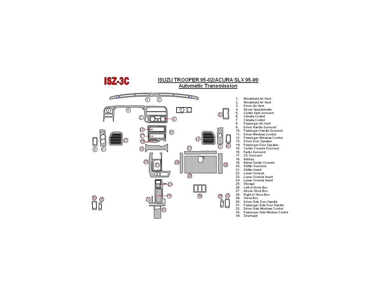 Isuzu Trooper 1995-2002 Full Set, Automatic Gear Interior BD Dash Trim Kit - 1 - Interior Dash Trim Kit