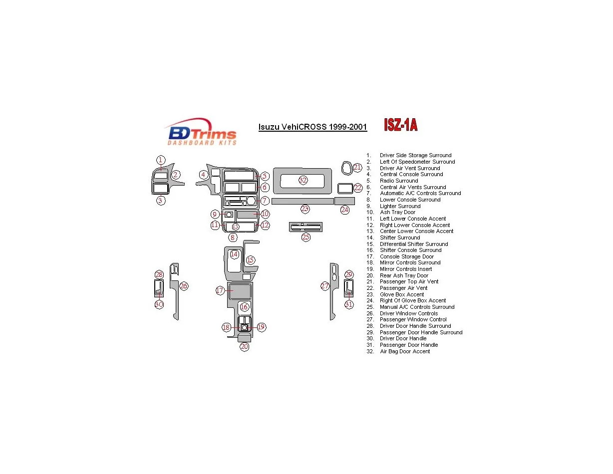 Isuzu VehiCROSS 1999-2001 Full Set Interior BD Dash Trim Kit - 1 - Interior Dash Trim Kit