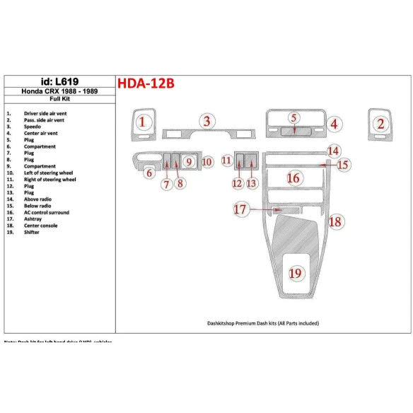 Honda CRX 1988-1989 Full Set Interior BD Dash Trim Kit