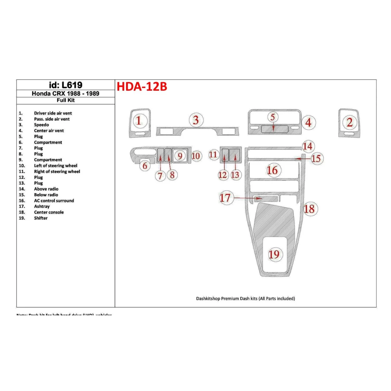 Honda CRX 1988-1989 Full Set Interior BD Dash Trim Kit
