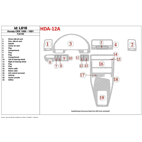 Honda CRX 1990-1991 Full Set, 19 Parts set Interior BD Dash Trim Kit