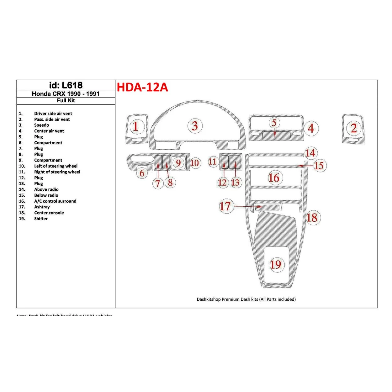 Honda CRX 1990-1991 Full Set, 19 Parts set Interior BD Dash Trim Kit