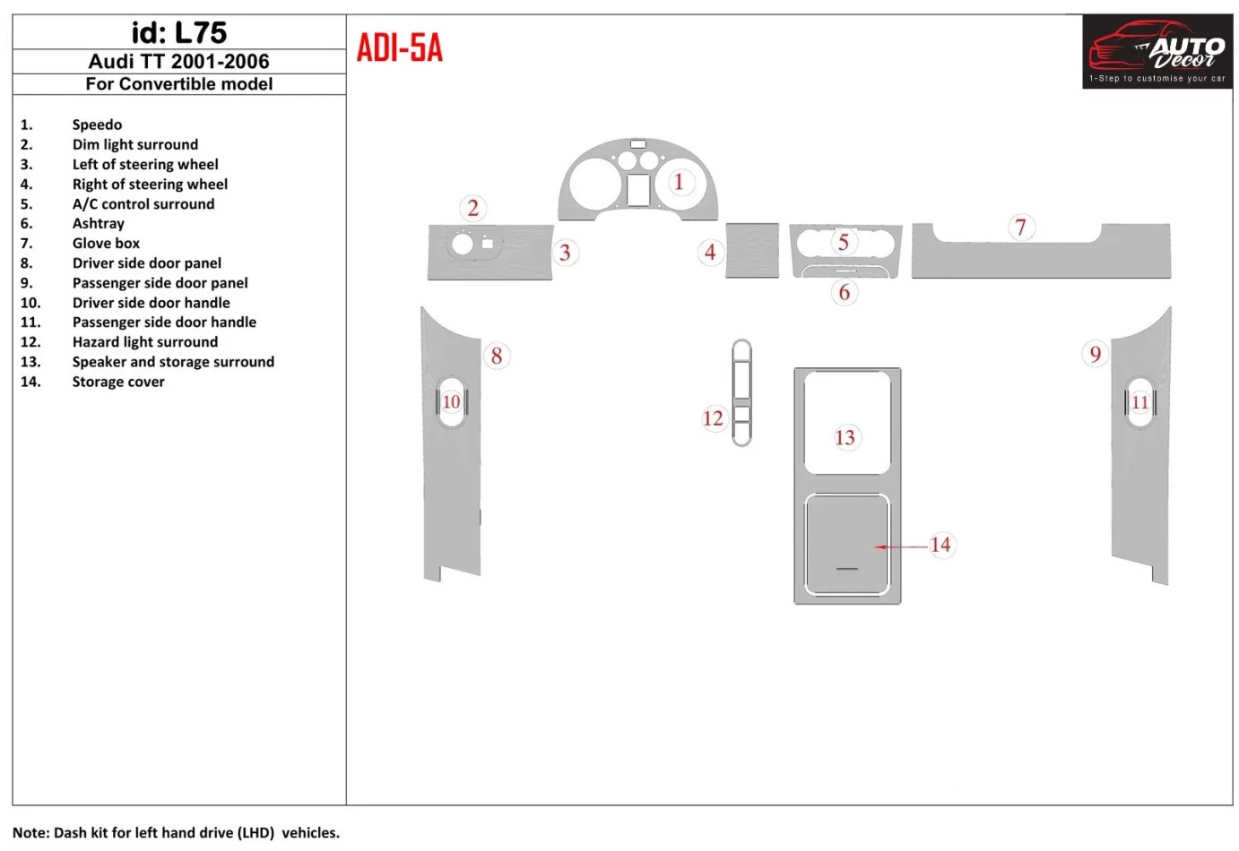 Audi TT 2001-2006 Folding roof-Cabrio, 14 Parts set Interior BD Dash Trim Kit - 1 - Interior Dash Trim Kit