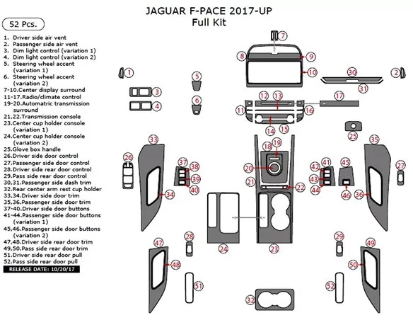 Jaguar F-PACE 2017-UP Full Set Interior Dash Trim Kit 52 Parts