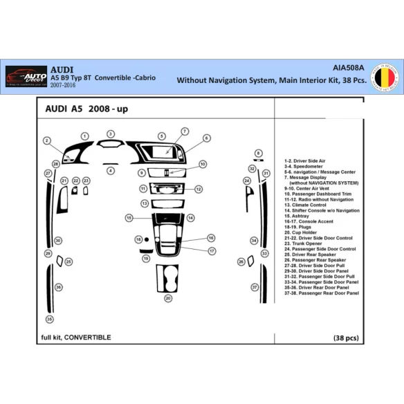 Audi A5 2008-2014 Hatchback 3D Interior Dashboard Trim Kit WHZ Dash Trim Dekor 42-Parts