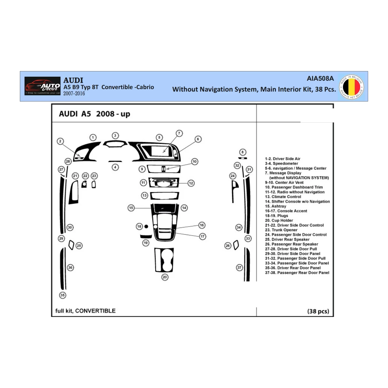 Audi A5 2008-2014 Hatchback 3D Interior Dashboard Trim Kit WHZ Dash Trim Dekor 42-Parts