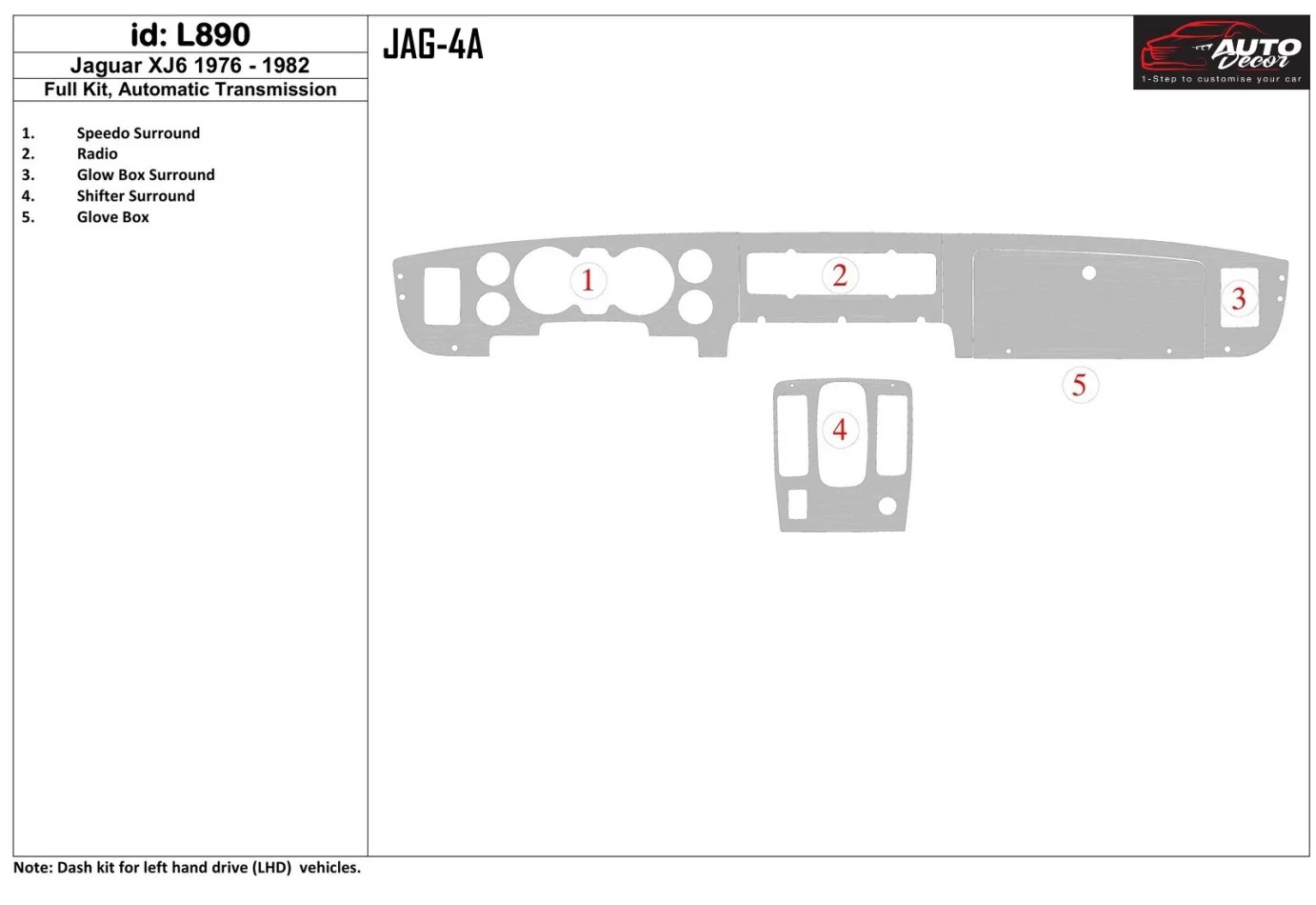 Jaguar XJ6 1976-1982 Full Set, Automatic Gear Interior BD Dash Trim Kit - 1 - Interior Dash Trim Kit