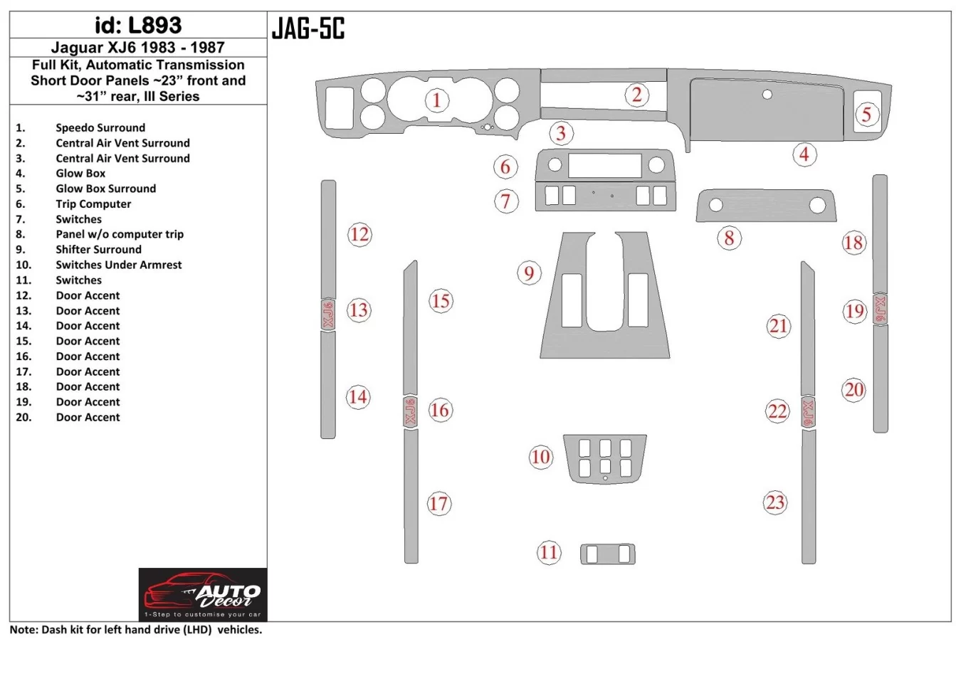 Jaguar XJ6 1983-1987 Full Set, Automatic Gearbox, Door panels 23', Rear Panels 31' Interior BD Dash Trim Kit - 1 - Interior Dash