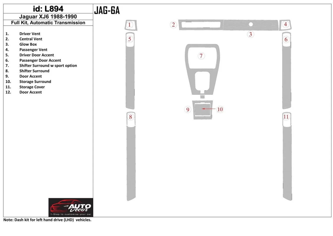 Jaguar XJ6 1988-1990 Full Set, Automatic Gear Interior BD Dash Trim Kit - 1 - Interior Dash Trim Kit