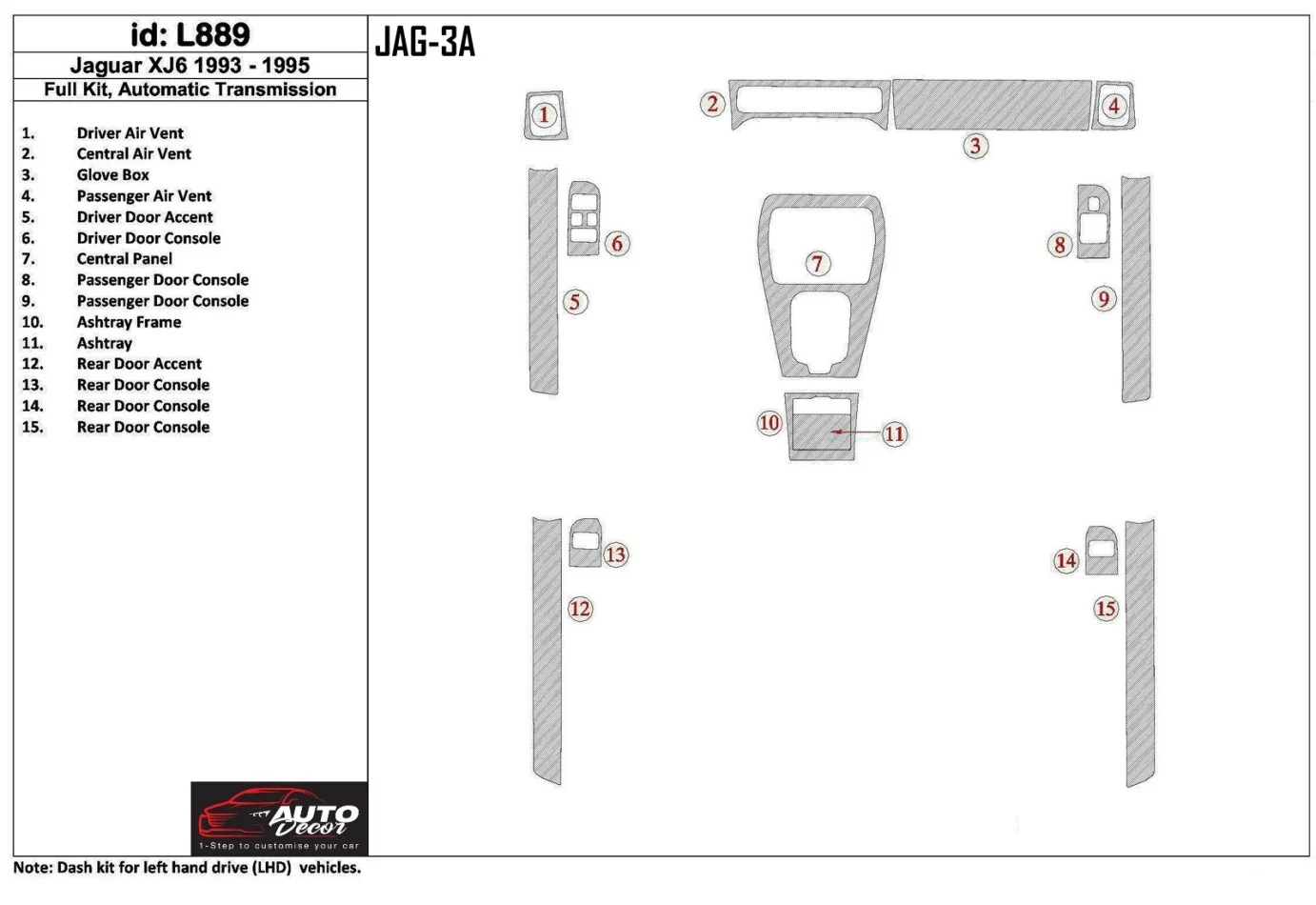 Jaguar XJ6 1993-1995 Full Set, Automatic Gear Interior BD Dash Trim Kit - 1 - Interior Dash Trim Kit
