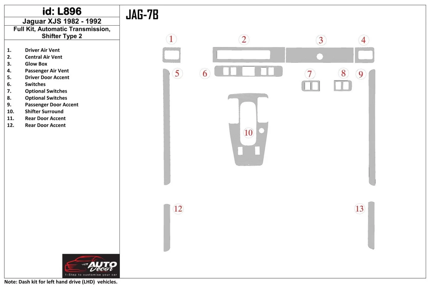 Jaguar XJS 1982-1992 Full Set, Automatic Gear, Shifter Type 2 Interior BD Dash Trim Kit - 1 - Interior Dash Trim Kit