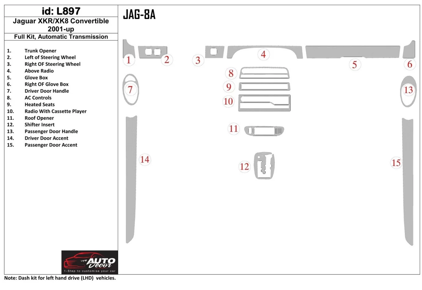 Jaguar XKR/XK8 2001-UP Full Set, Automatic Gear Interior BD Dash Trim Kit - 1 - Interior Dash Trim Kit