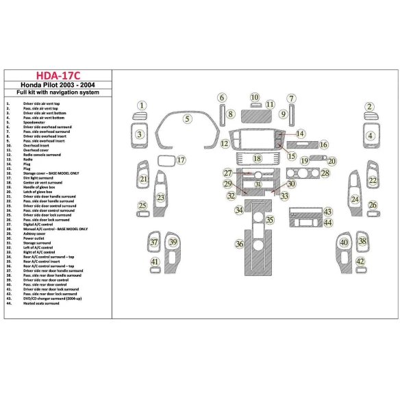 Honda Pilot 2003-2004 Full Set, With NAVI, 42 Parts set Interior BD Dash Trim Kit