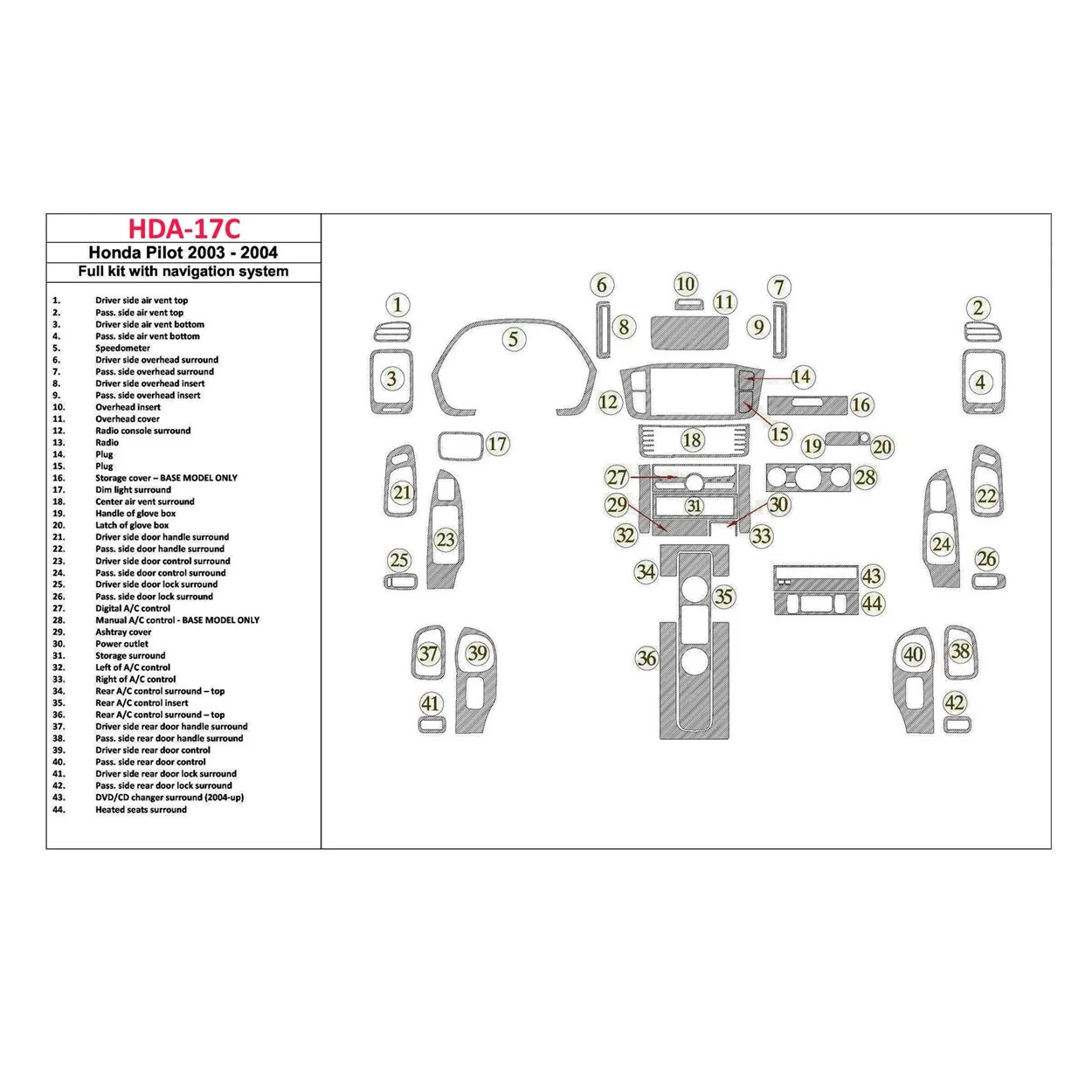 Honda Pilot 2003-2004 Full Set, With NAVI, 42 Parts set Interior BD Dash Trim Kit