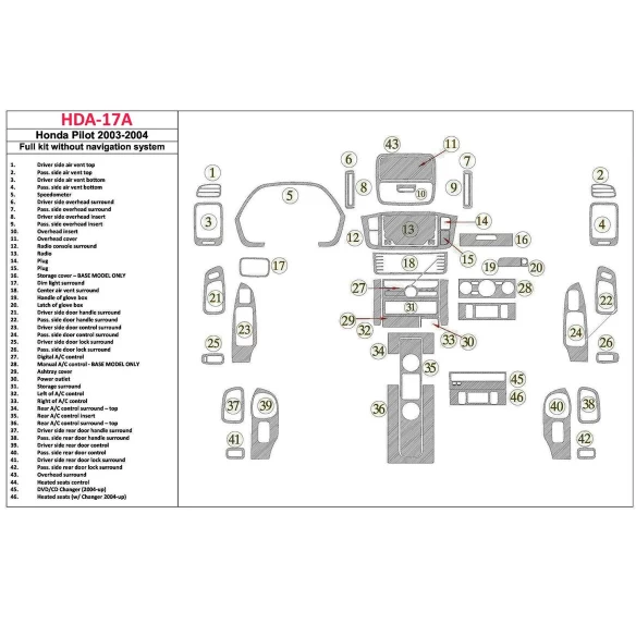 Honda Pilot 2003-2004 Full Set, Without NAVI, 42 Parts set Interior BD Dash Trim Kit