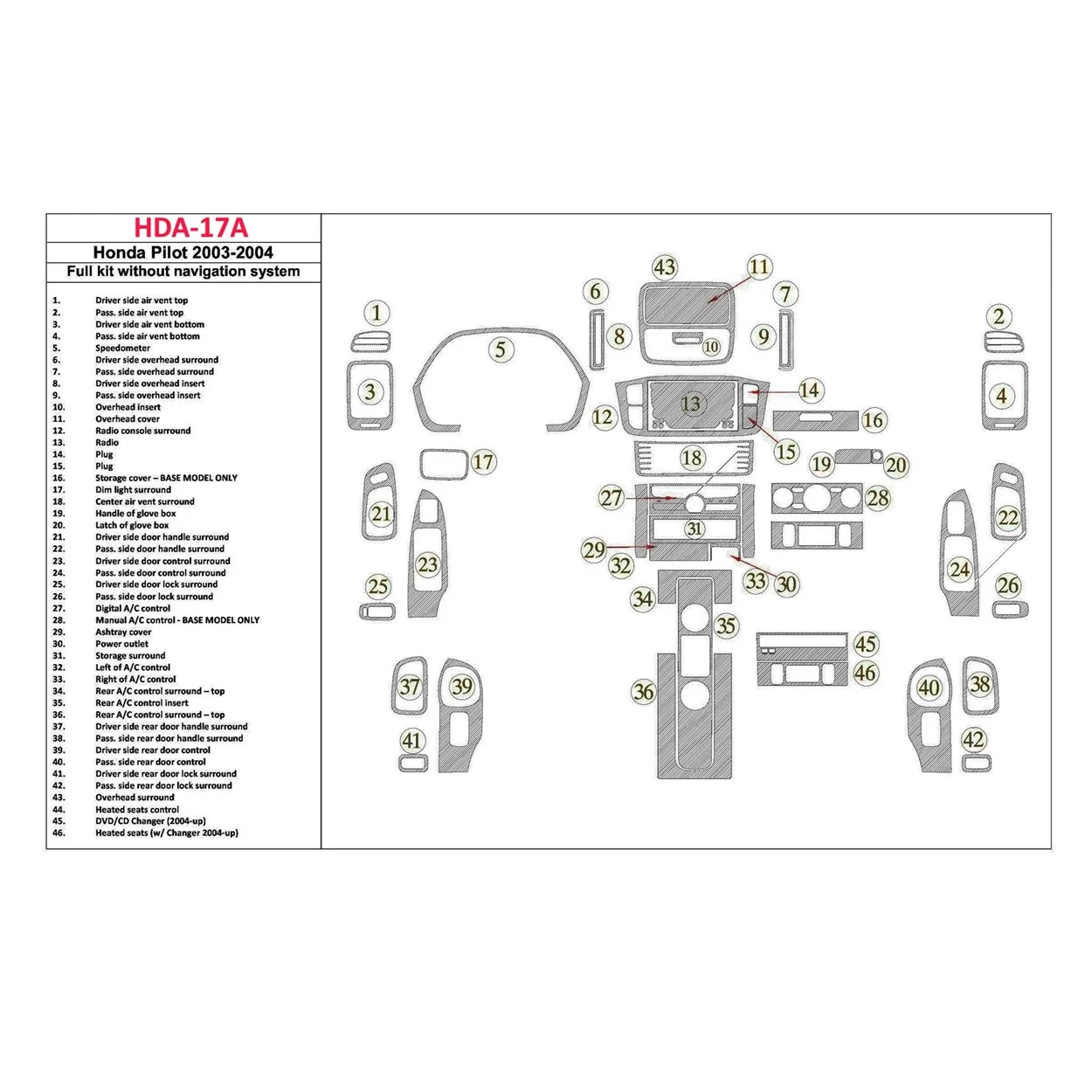 Honda Pilot 2003-2004 Full Set, Without NAVI, 42 Parts set Interior BD Dash Trim Kit