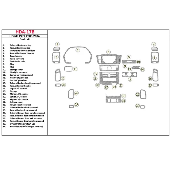 Honda Pilot 2003-2004 OEM Compliance, 29 Parts set Interior BD Dash Trim Kit