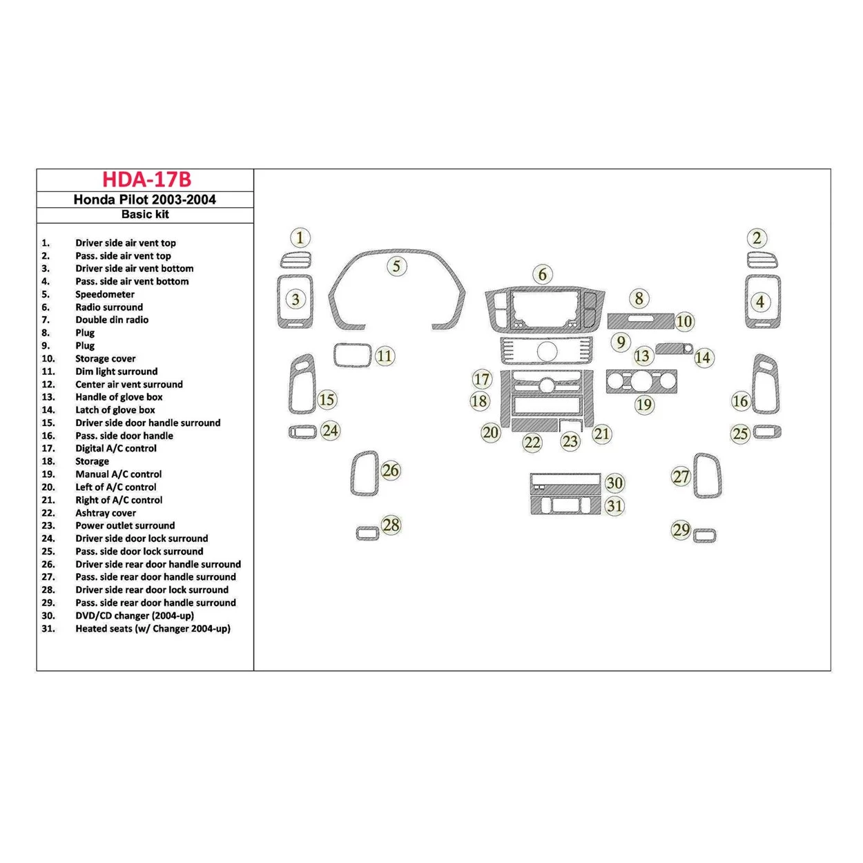 Honda Pilot 2003-2004 OEM Compliance, 29 Parts set Interior BD Dash Trim Kit