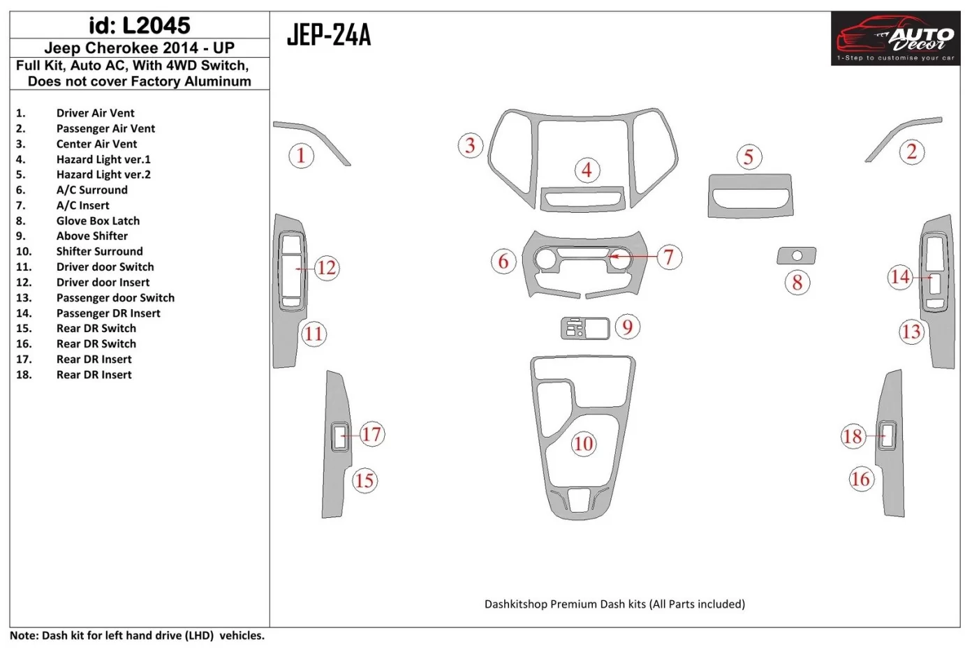 Jeep Cherokee 2014-UP Full Set, Climate-Control Interior BD Dash Trim Kit - 1 - Interior Dash Trim Kit
