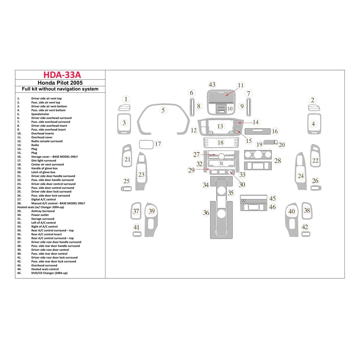 Honda Pilot 2005-2005 Full Set, Without NAVI system Interior BD Dash Trim Kit