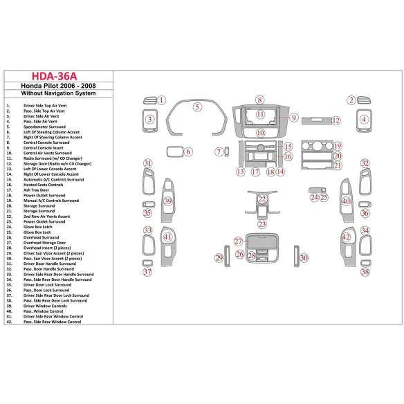 Honda Pilot 2006-2008 Full Set, Without NAVI system Interior BD Dash Trim Kit
