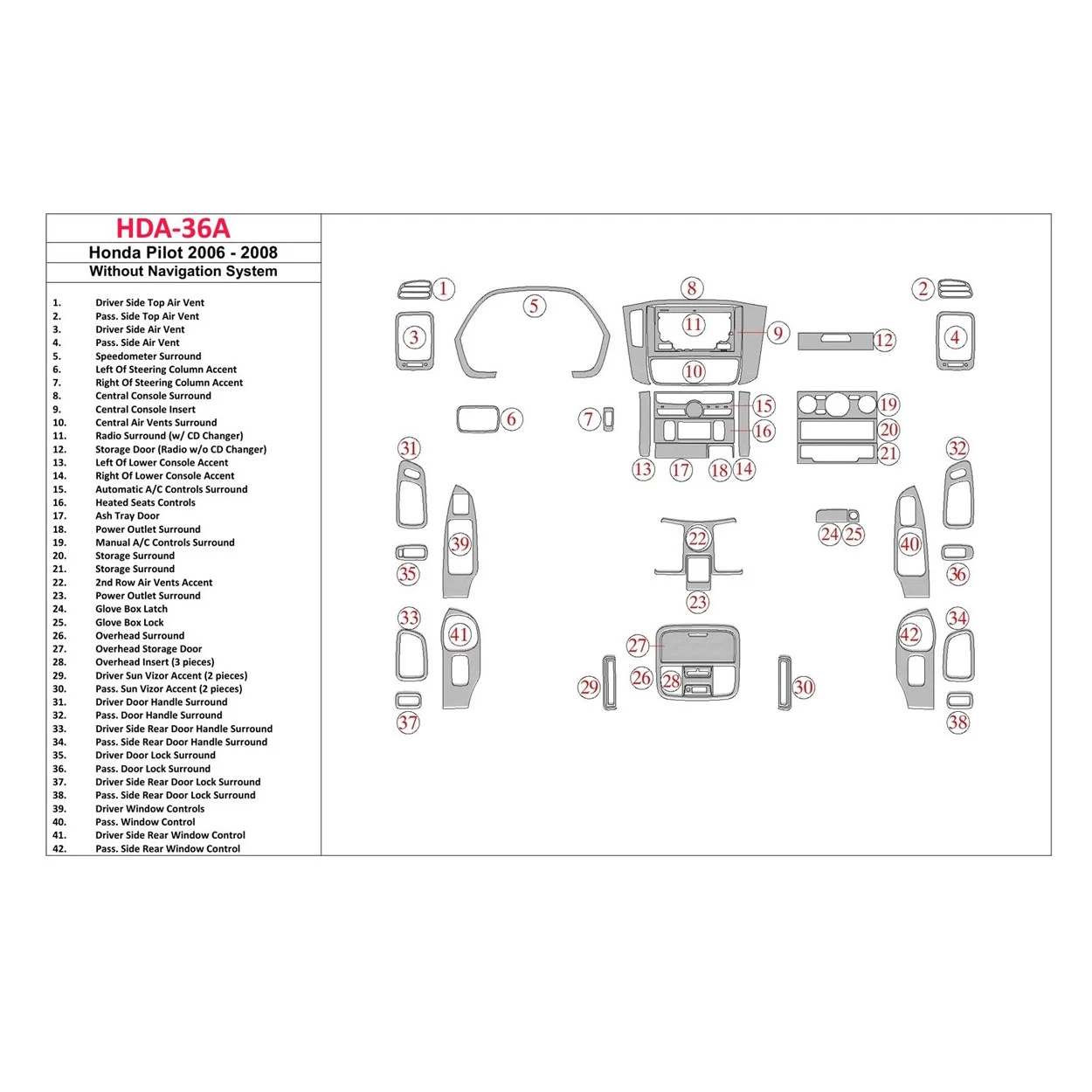 Honda Pilot 2006-2008 Full Set, Without NAVI system Interior BD Dash Trim Kit