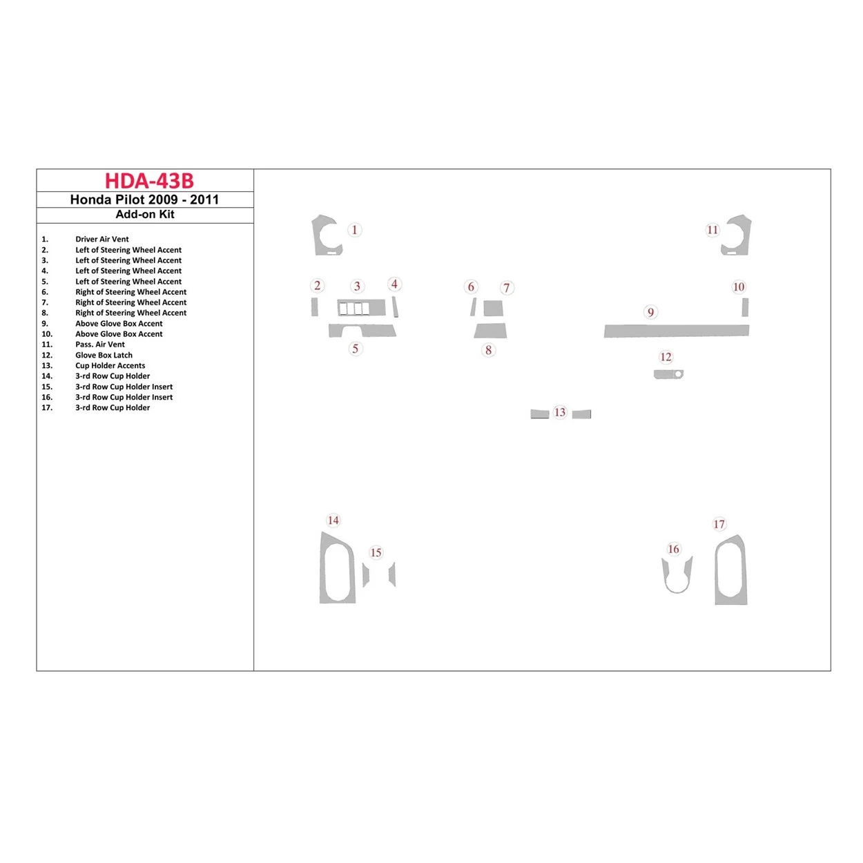 Honda Pilot 2009-UP additional kit Interior BD Dash Trim Kit