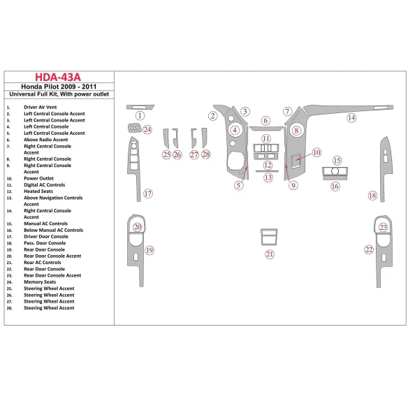 Honda Pilot 2009-UP Universal Full Set Interior BD Dash Trim Kit