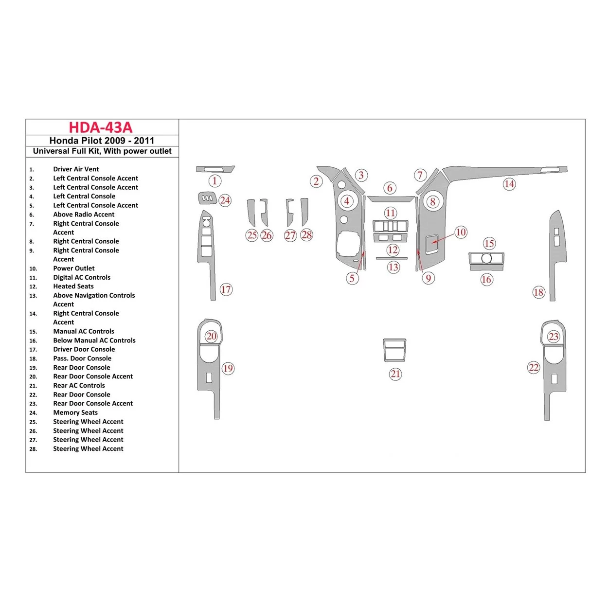 Honda Pilot 2009-UP Universal Full Set Interior BD Dash Trim Kit