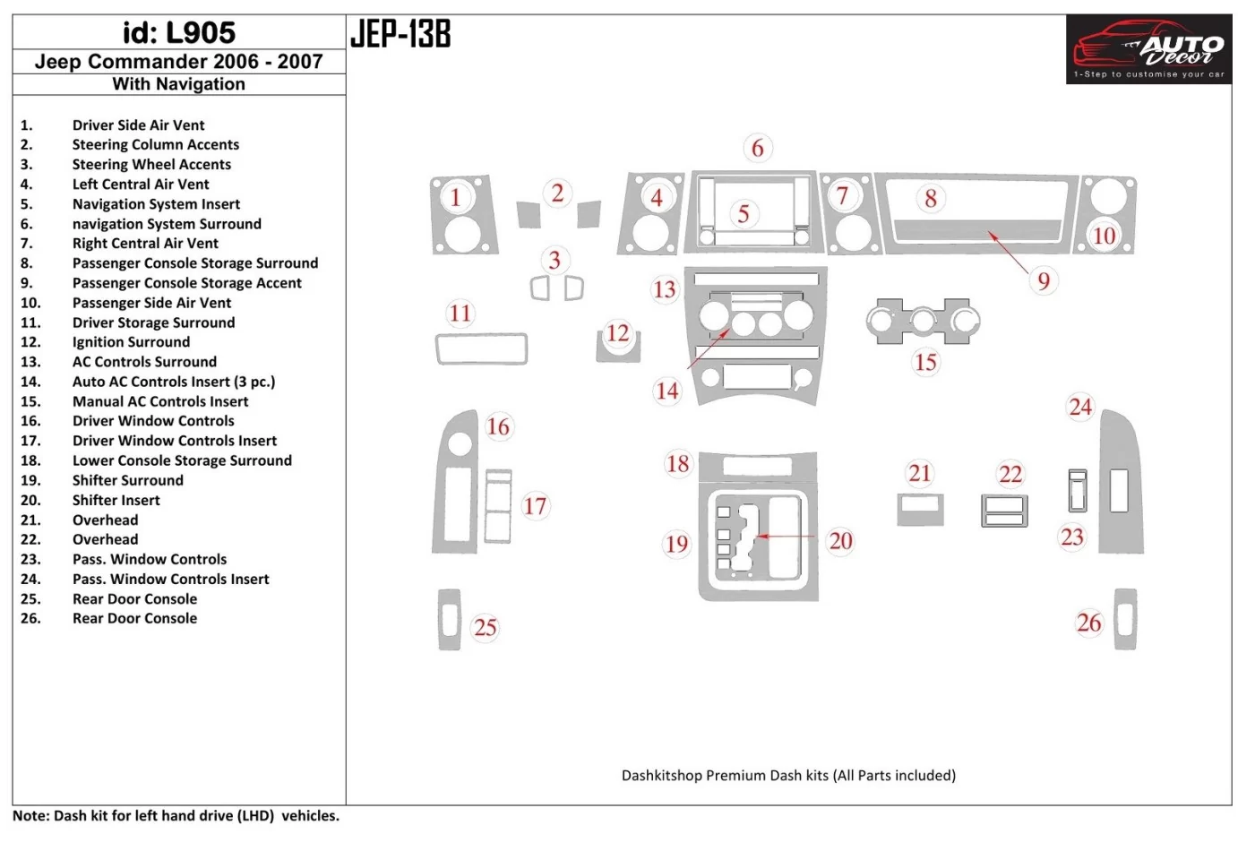 Jeep Commander 2006-2007 With NAVI Interior BD Dash Trim Kit - 1 - Interior Dash Trim Kit