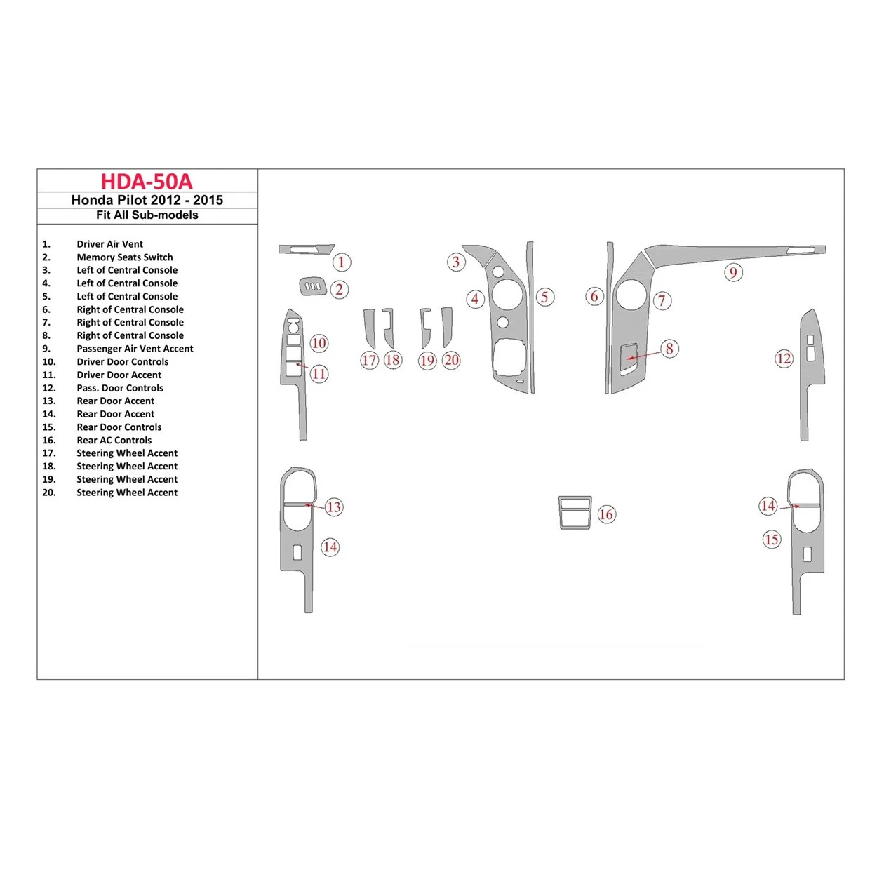 Honda Pilot 2012-UP Interior BD Dash Trim Kit