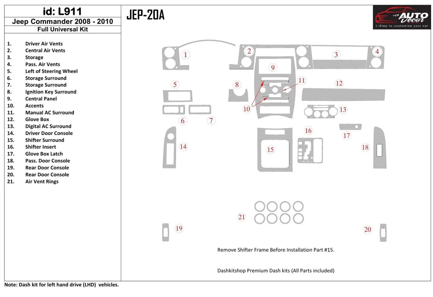 Jeep Compass 2009-UP Full Set, With Auto-stick mission Interior BD Dash Trim Kit - 1 - Interior Dash Trim Kit